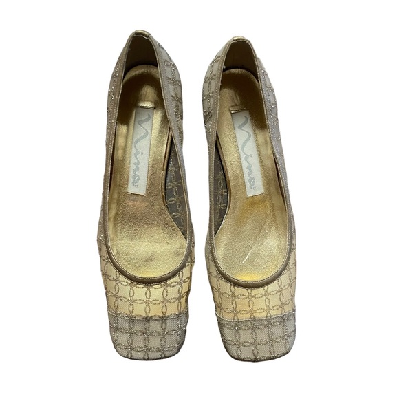 VINTAGE NINA Mod Square Toe Metallic Gold Glitter Heeled Shoes - Picture 2 of 11